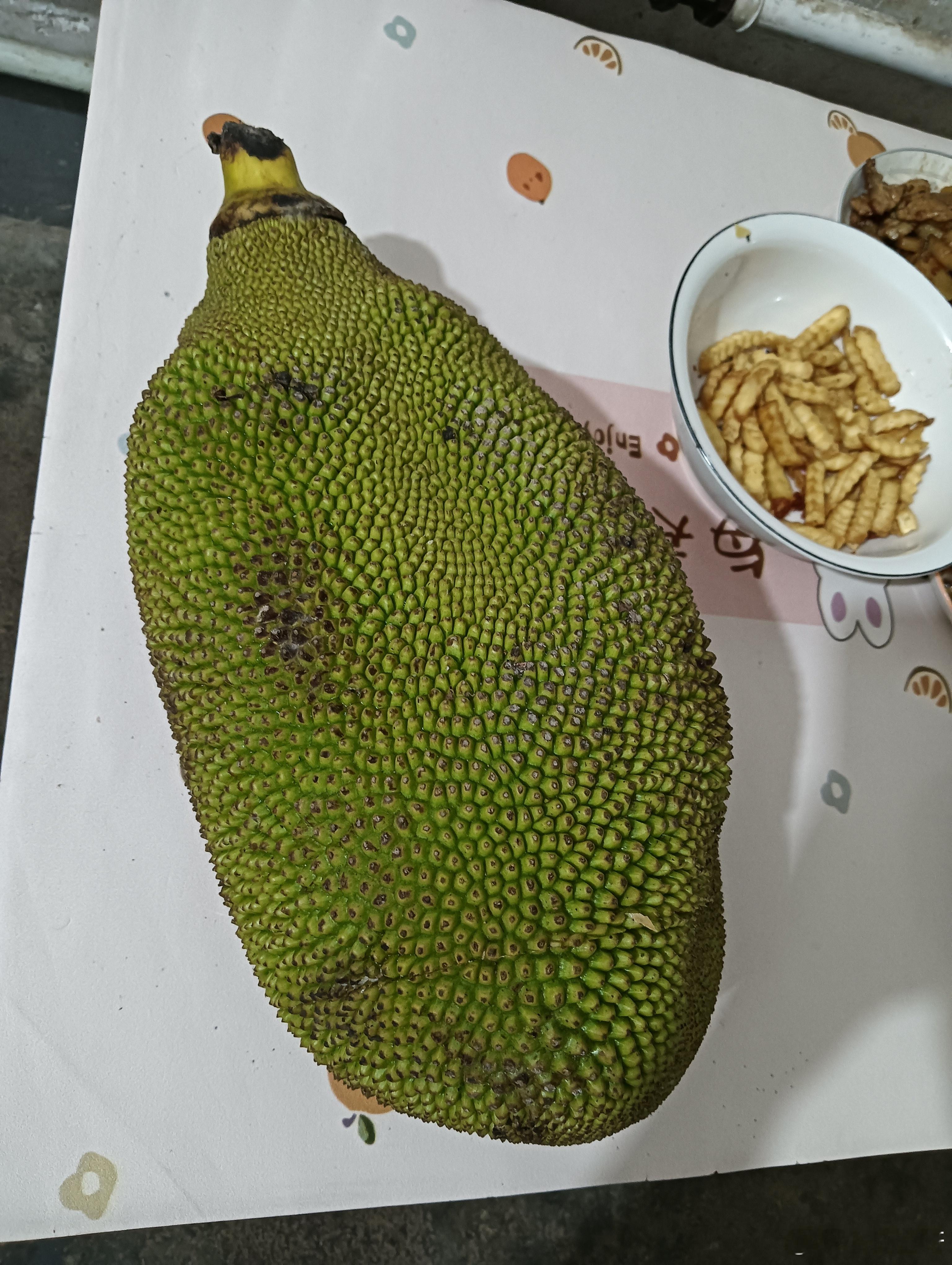 姐妹们，我买了一个好大的菠萝蜜，论个卖，20一个，刚在家称了一下14斤，好划算呀
