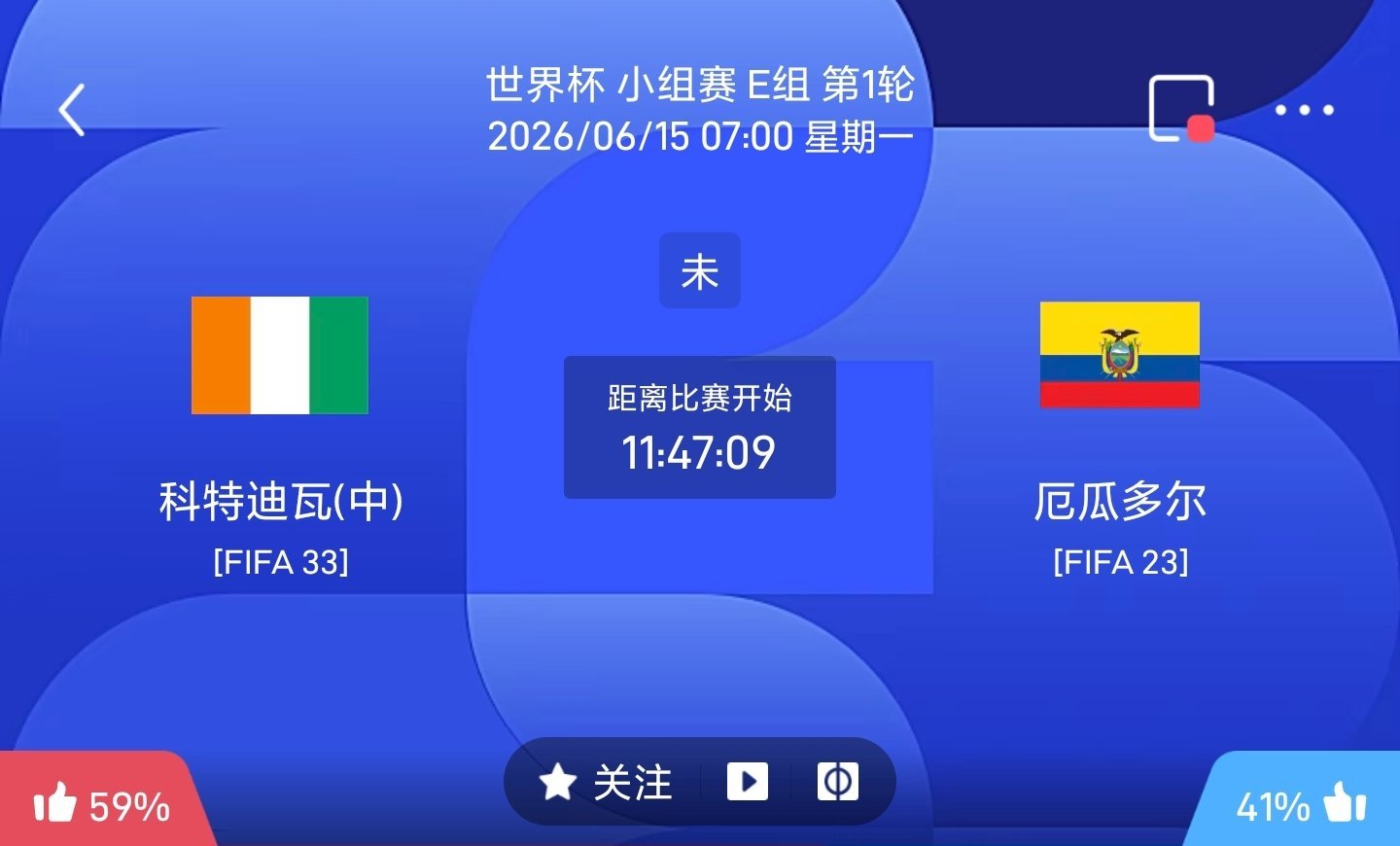 周日011 科特迪瓦VS厄瓜多尔足球计划臻选开赛时间：06-15 07:00身价