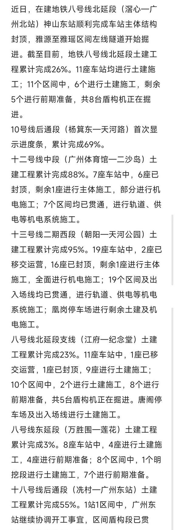 各条在建线路相继更新施工进度了。10号线后通段和8号线东延这两条线路
广州地铁 