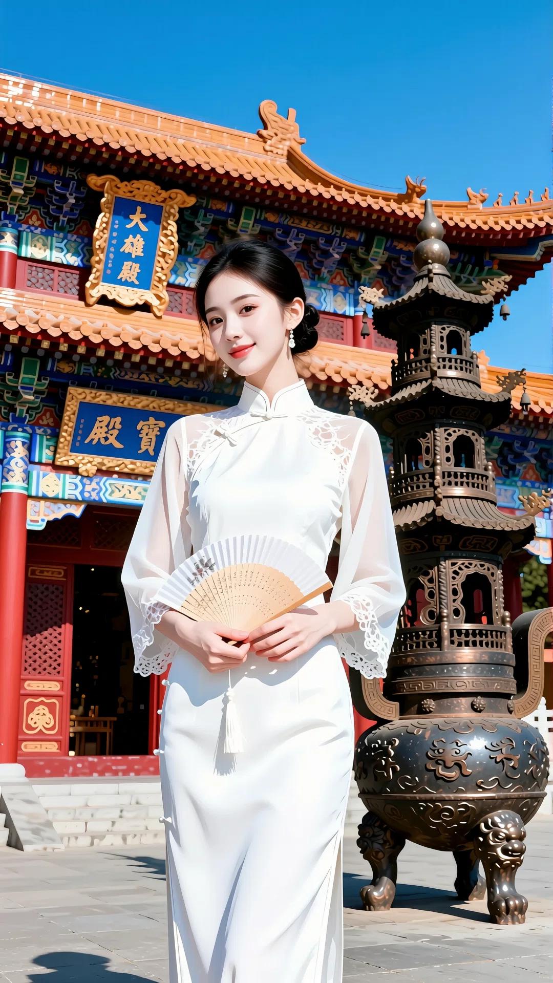 这组照片中的女子身着白色旗袍，立于古色古香的庭院中，背景是飞檐翘角的中式建筑与雕