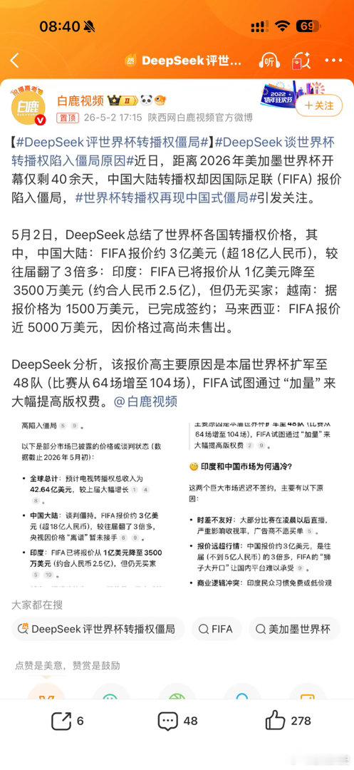DeepSeek评世界杯转播权僵局哈哈原来不止我们不买