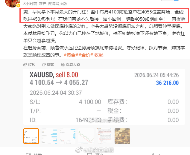 目前已经戳破4050，又是一个新低。还好一大早的主力空单就已经吃满利润落袋，后续