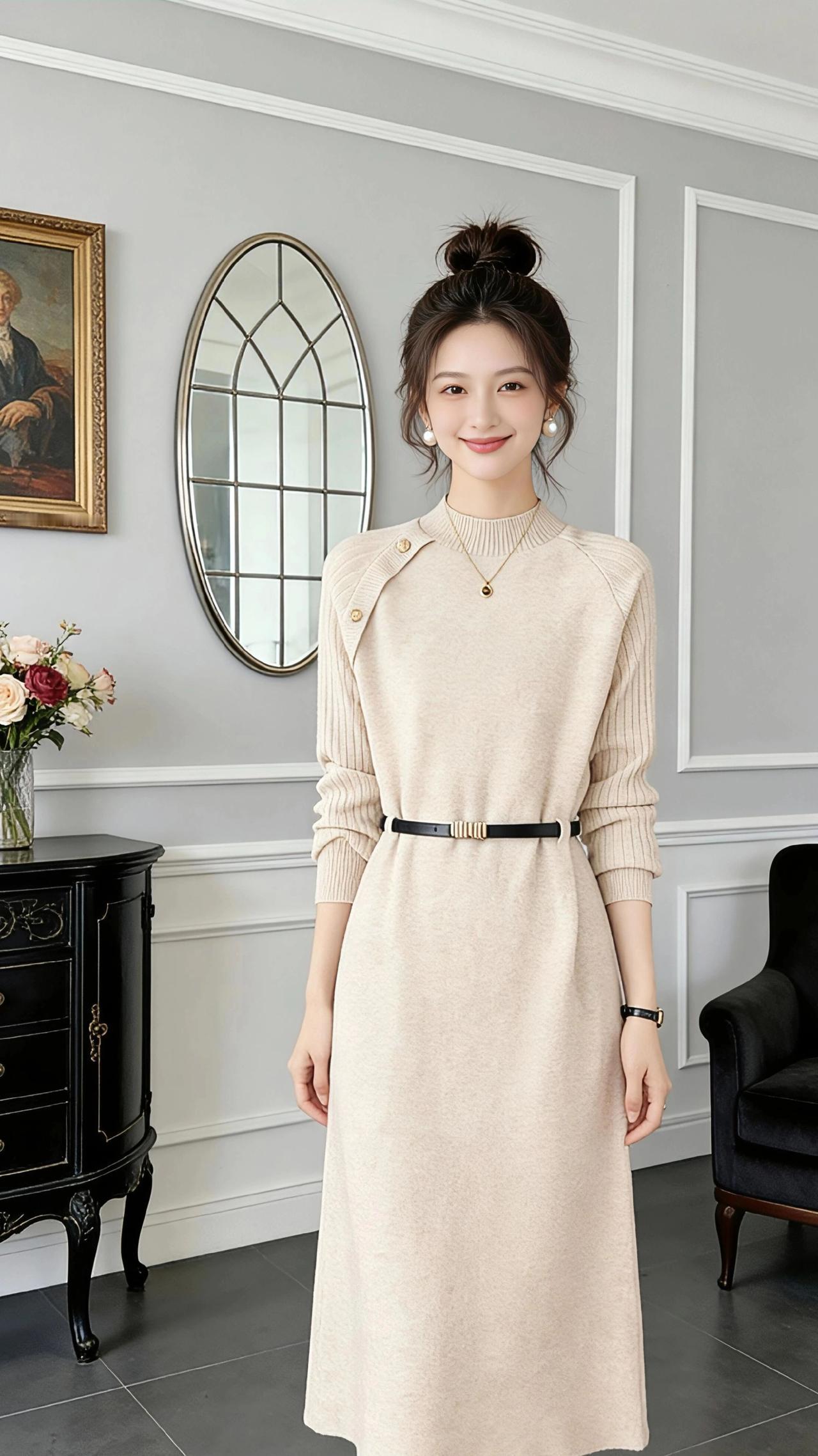 米杏色的温柔序章
 
浅米色的针织裙裹着初冬的软意，在灰调的欧式房间里，漾开一圈