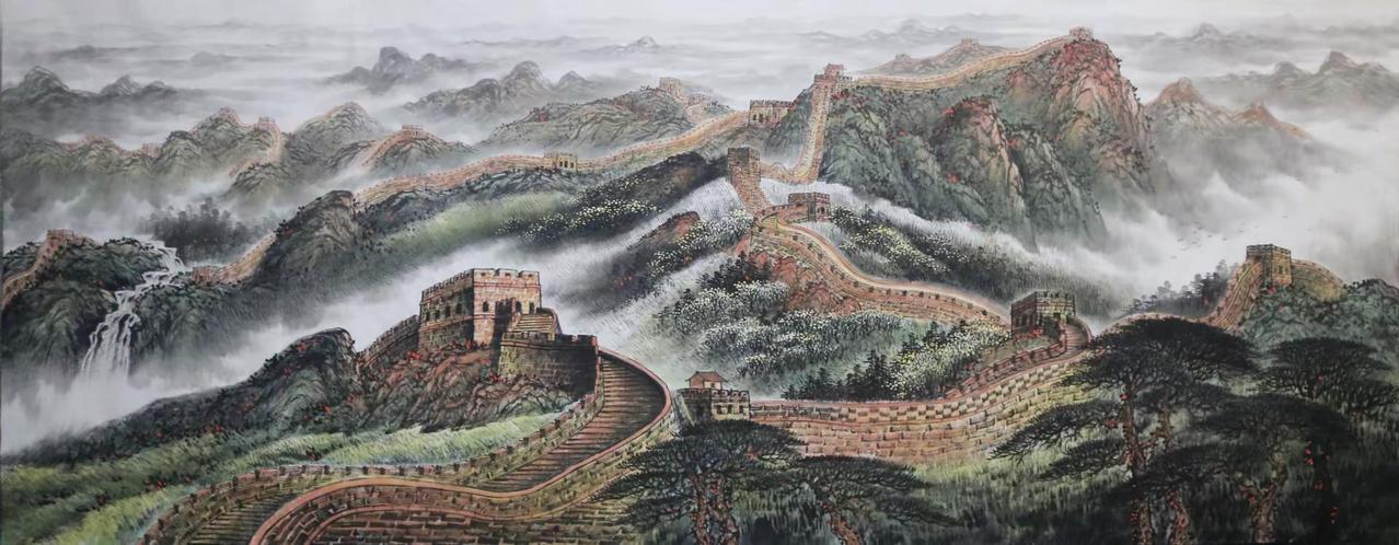 万里雄风。长城山水国画江山如此多娇 长城山水画 山水长城 国画 尺寸：180×7