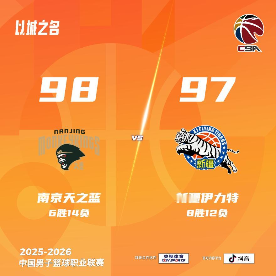 南京天之蓝 98-97 新疆伊力特 同曦男篮vs新疆男篮
南京天之蓝：汉兹27分