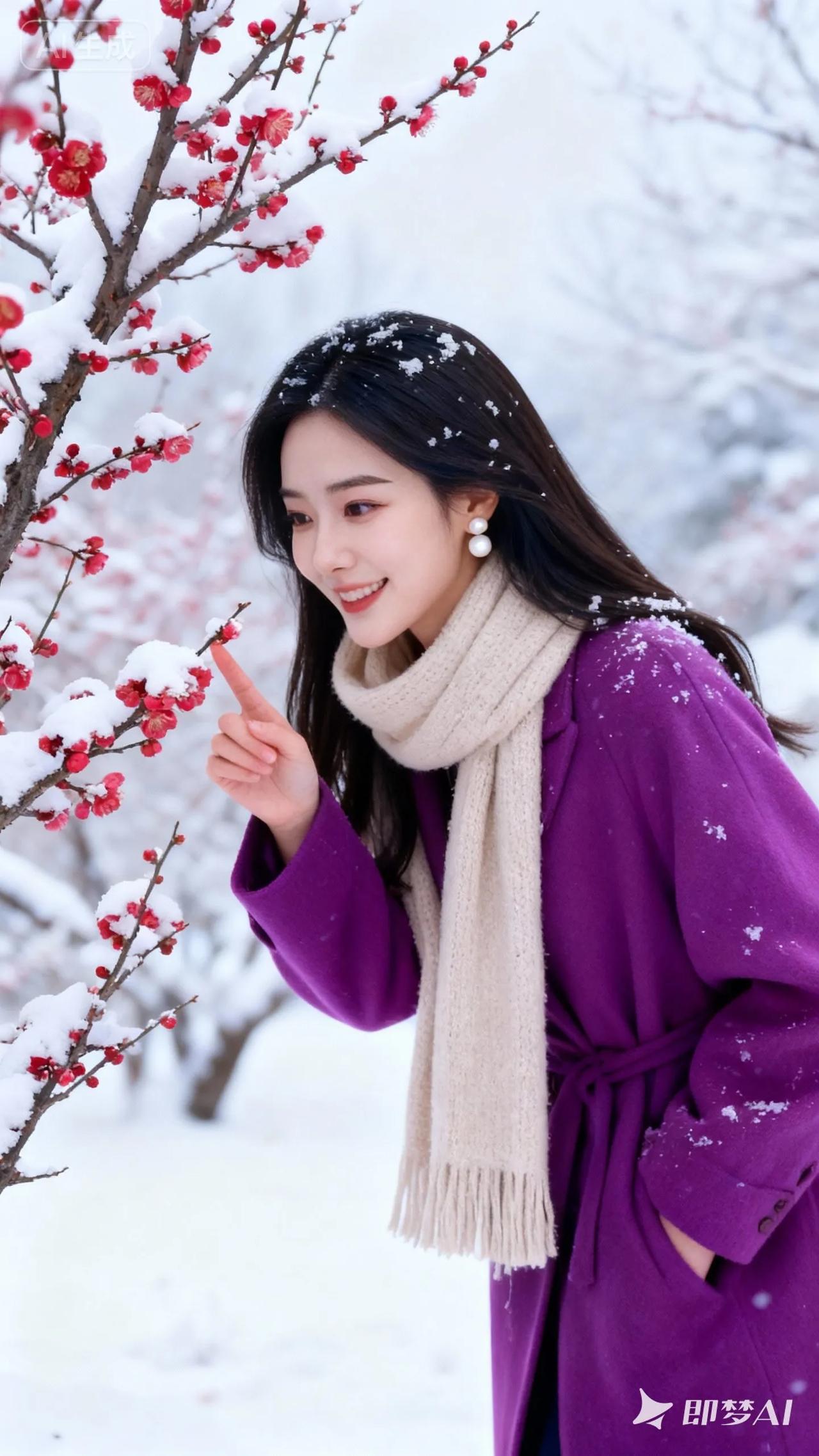 冬日雪景中的少女，红梅点缀，温暖微笑。