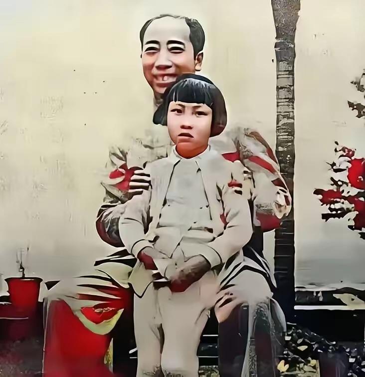 1945年，戴笠和养女淑子的合影。淑子这年8岁，站在戴笠的前面，表情有些呆滞。