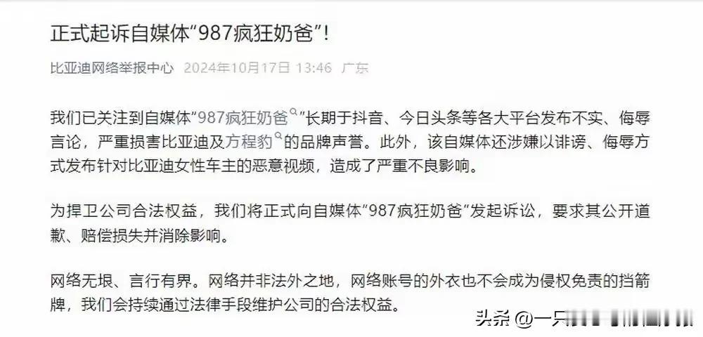 大家要注意了！比亚迪正式起诉自媒体“987疯狂奶爸”！注意，这只是一个仅仅拥有2