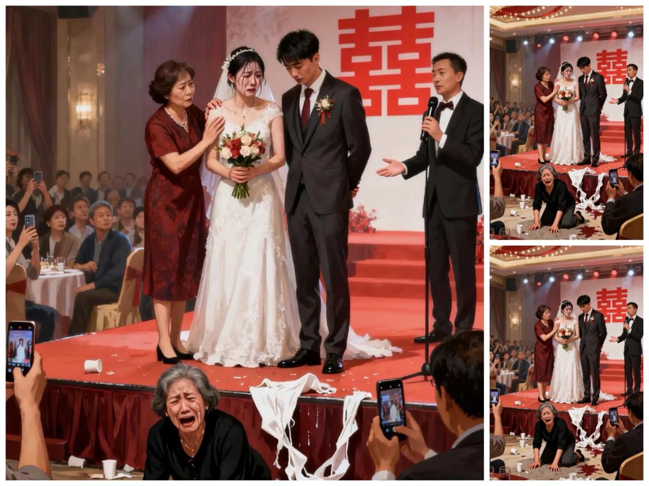 婚礼刚要开始，穿黑上衣的胡大妈突然冲上台，“扑通”跪在中央拍地大哭，谁劝都没用，