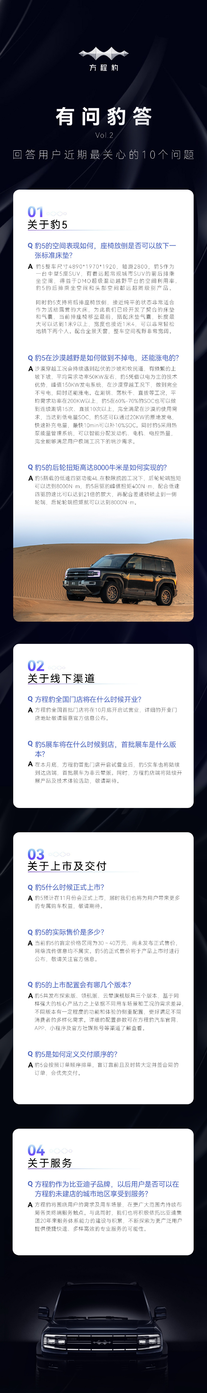 比亚迪-方程豹汽车发布新通告，回答用户近期对于首款车型豹 5“最关心”的几个问题