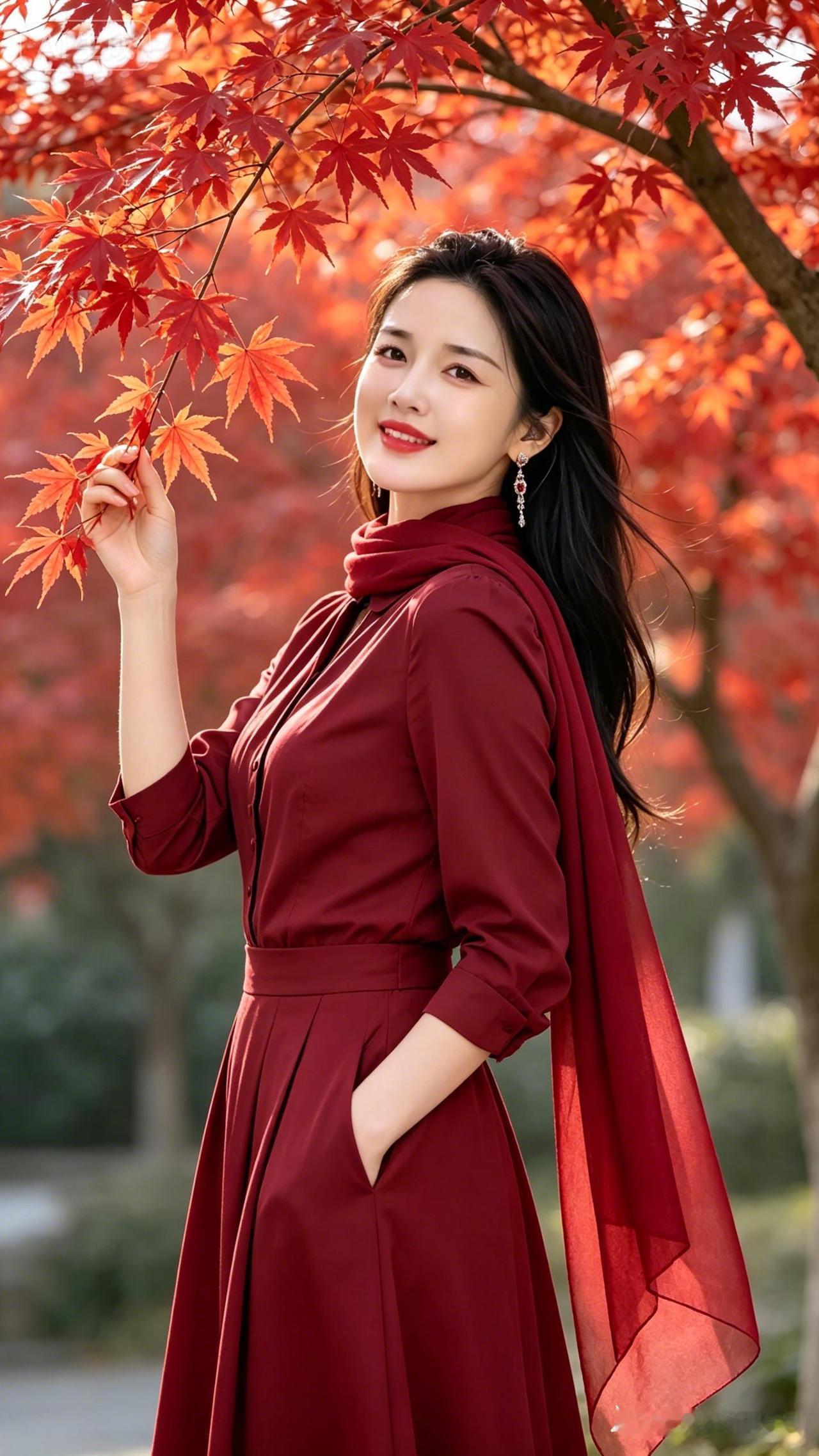 穿红裙子的女孩在枫叶前微笑。