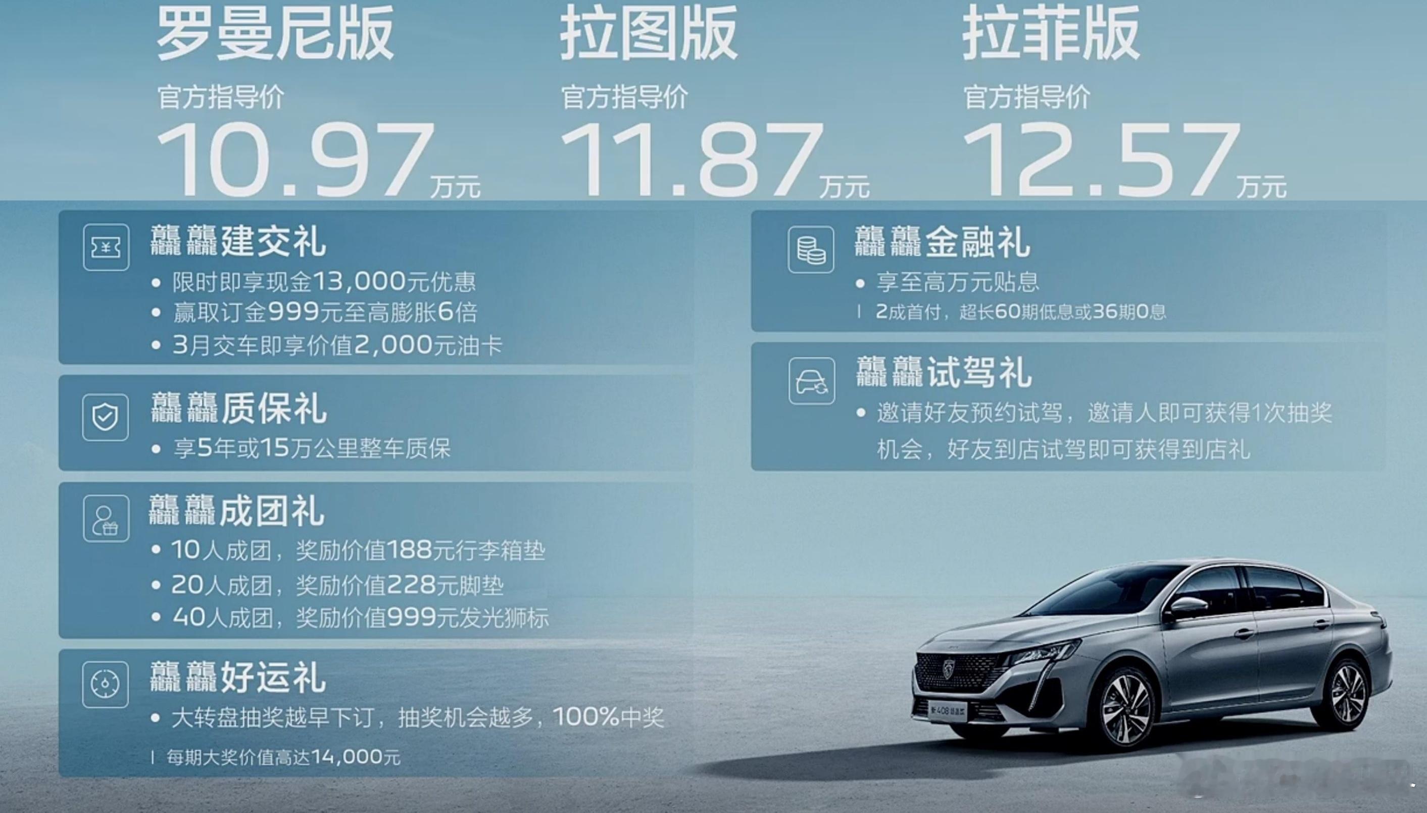 3月18日，标致408龘龘款正式上市，3款车型售价为10.97-12.57万元。