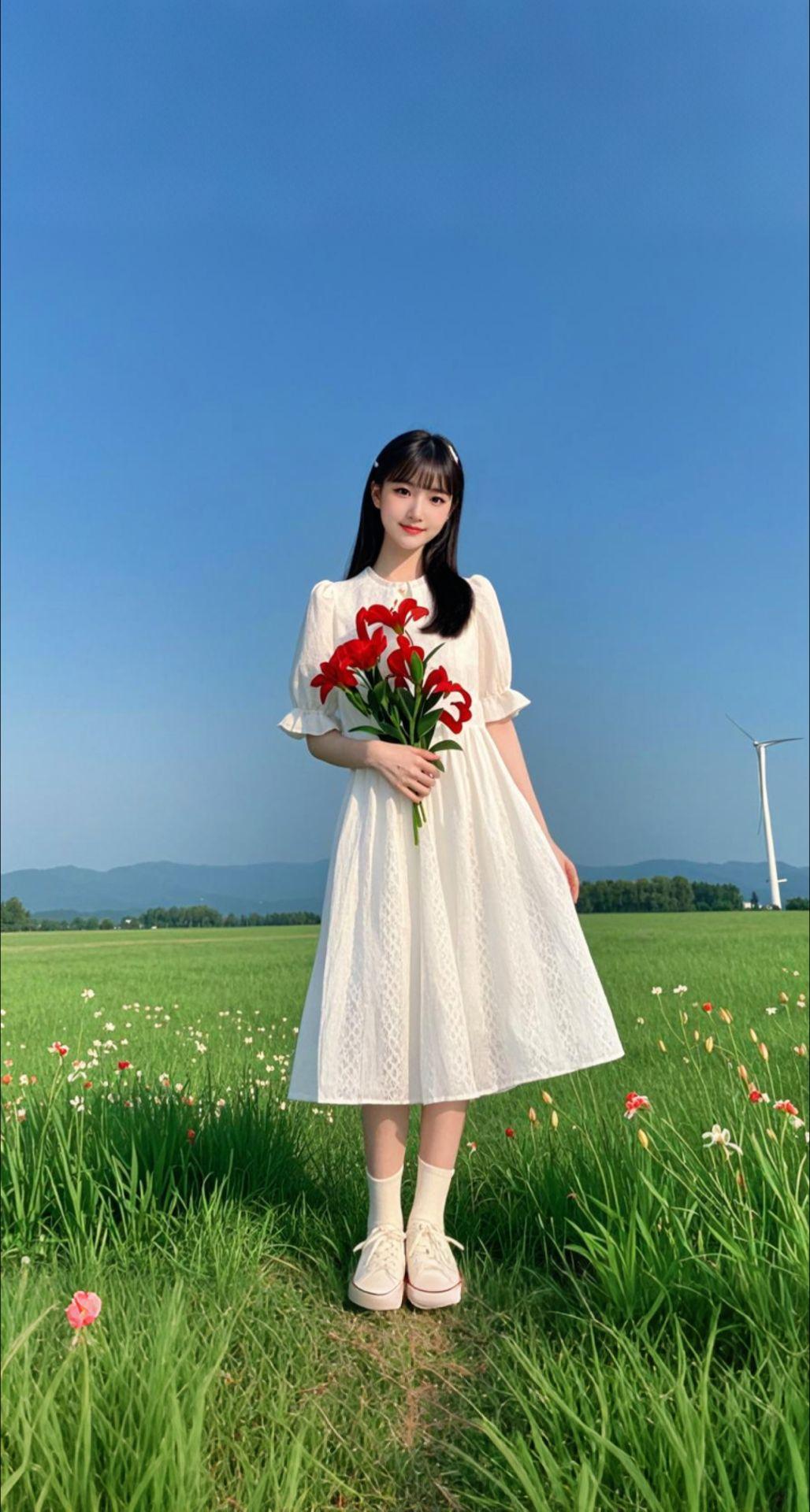 AI扩图 AI草地百合少女
