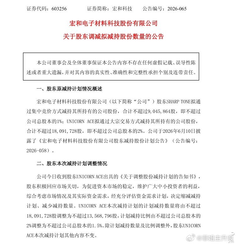 宏和科技：第二大股东计划减持比例由不超过公司总股本的2%调整为不超过1.5%宏和