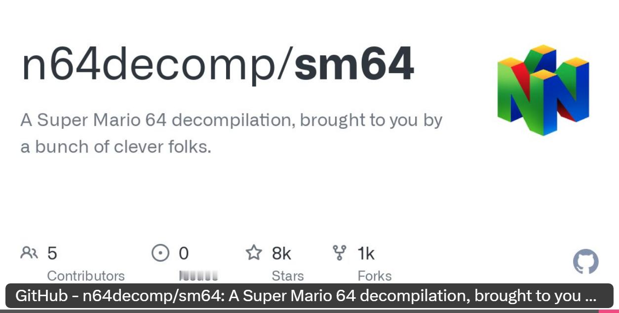超级马里奥 64的反编译工程github.com/n64decomp/sm64 