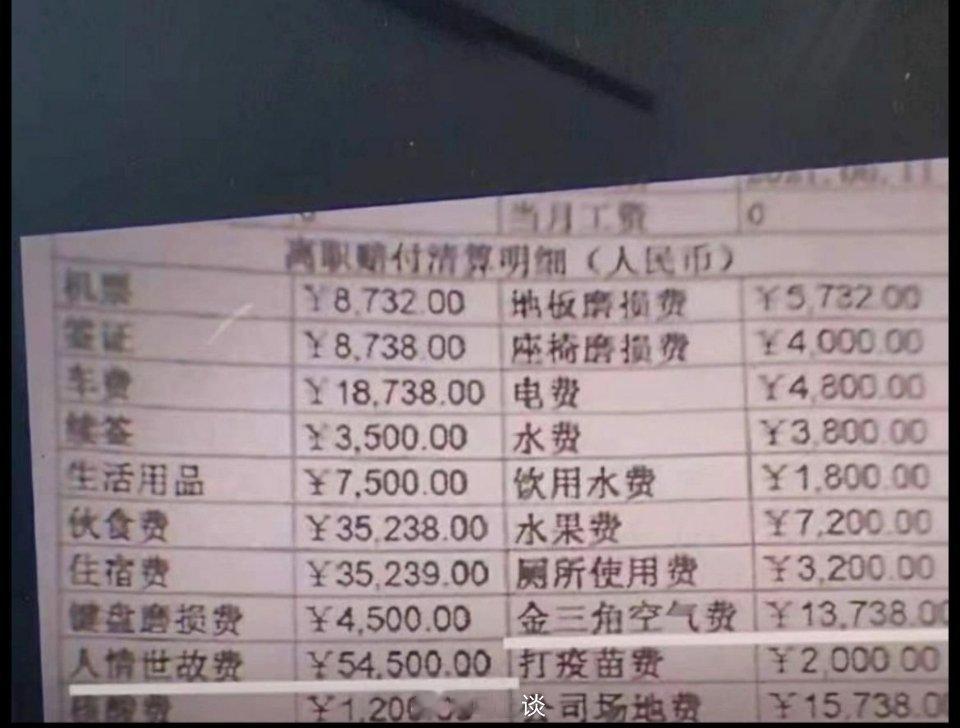 缅北电诈园区离职赔付清算明细，居然有空气损耗费、键盘磨损费、人情世故费……真是园