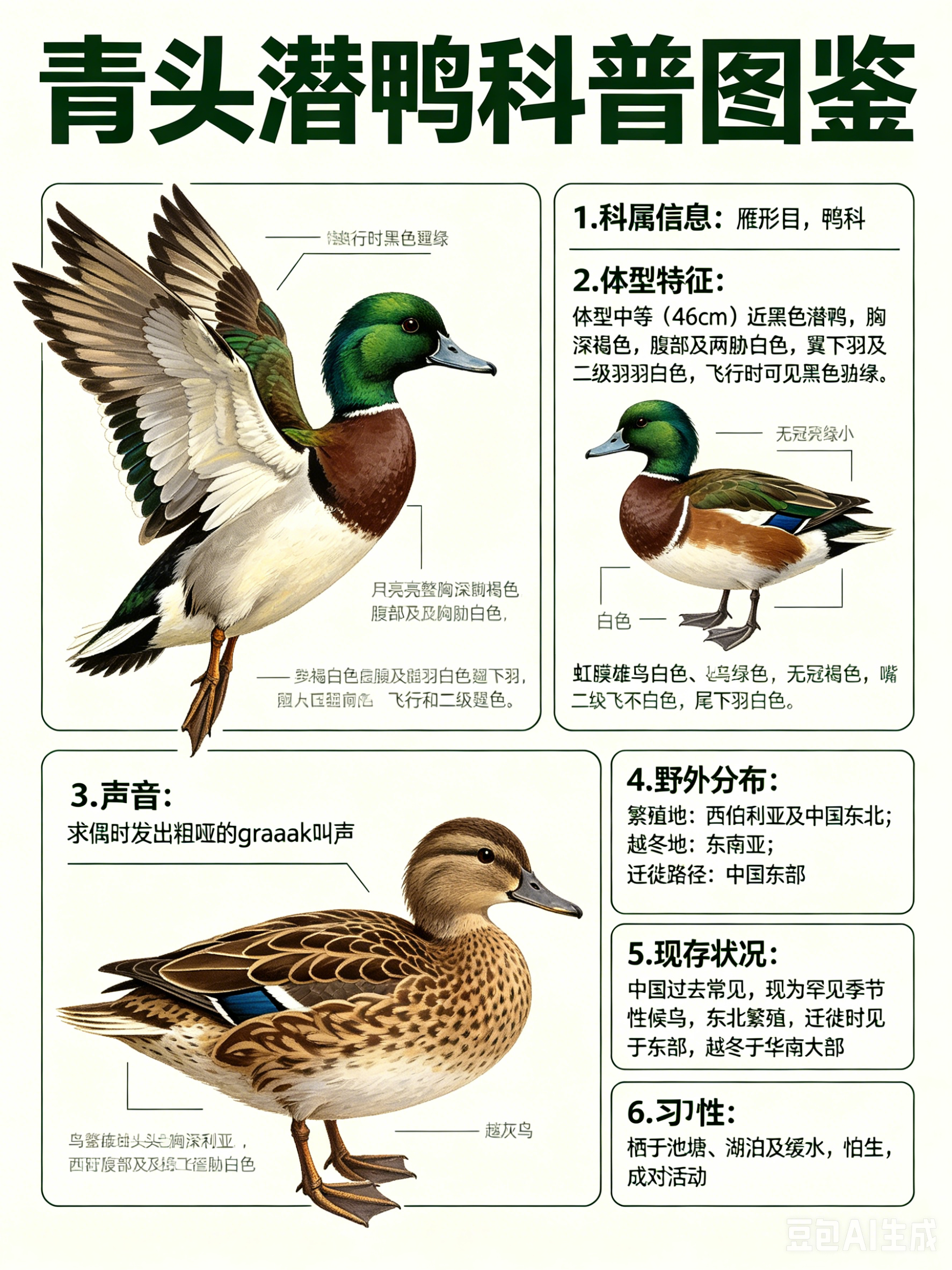 鸟类朋友图鉴 青头潜鸭·科属：雁形目，鸭科。·外形特征：体型中等（46cm）的近