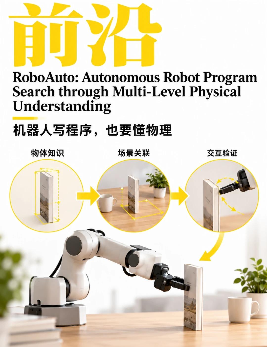 RoboAuto：机器人写程序，也要懂物理
让大模型给机器人写一段“拿起书本”的