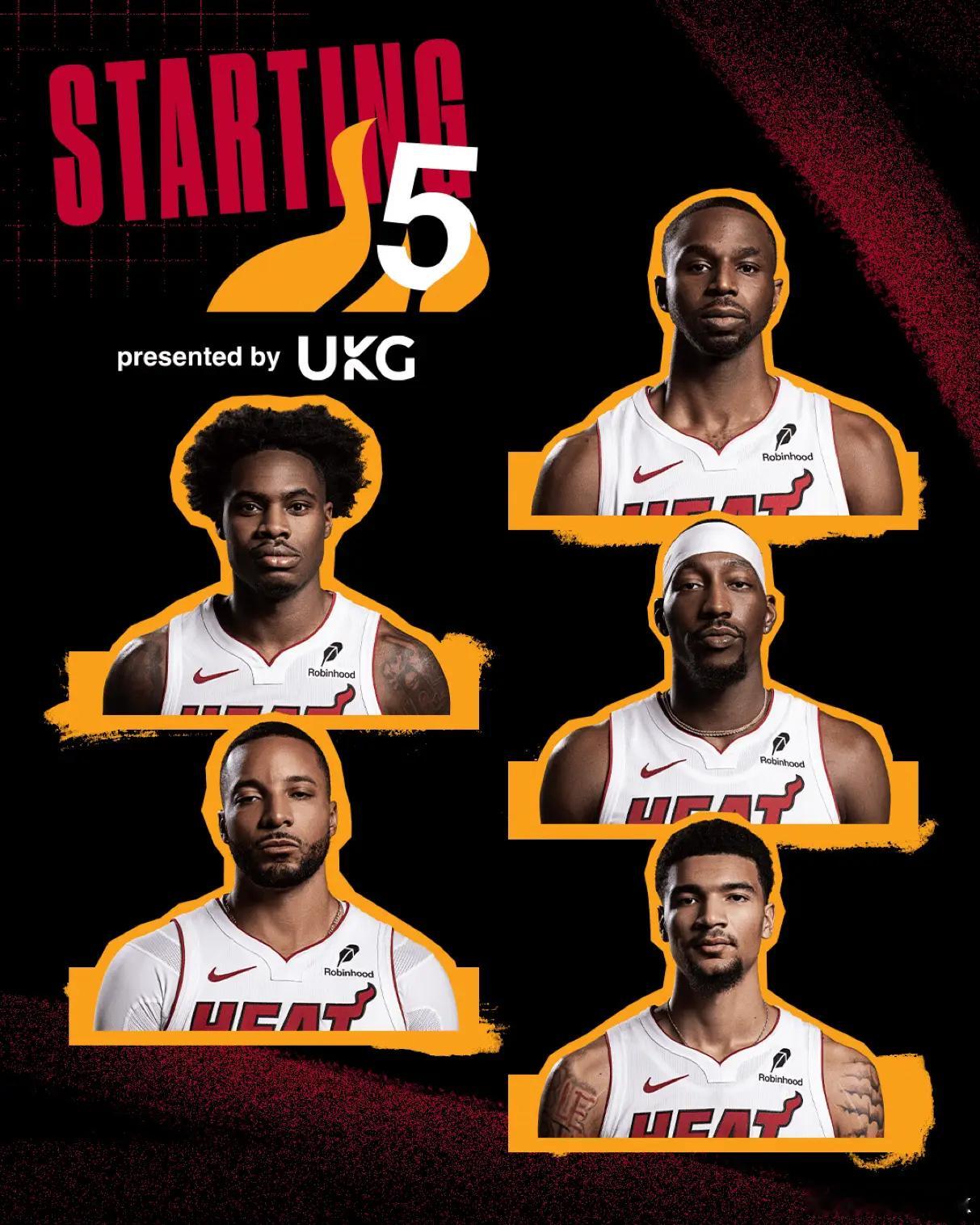 终于有比赛了，热火首发：小米切尔、鲍威尔、威金斯、阿德巴约、韦尔。双塔能否避免六