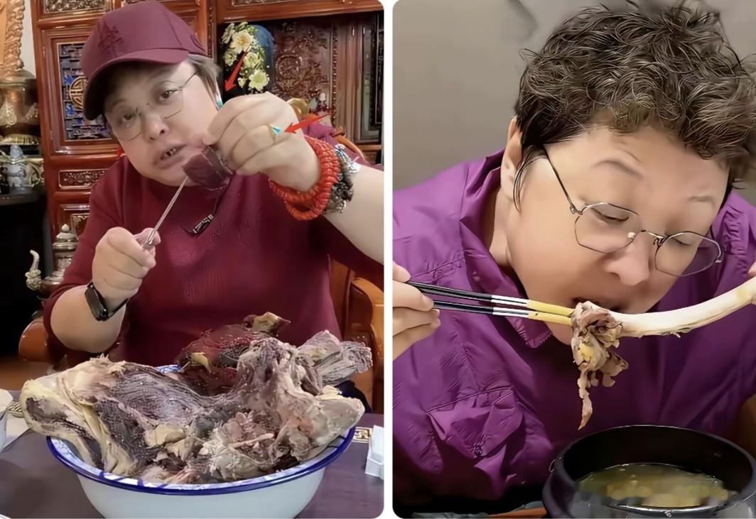 你看韩红这桌子上，满满一大盆实打实的红肉，这么大口吃肉，身体想不胖都难。普通人这