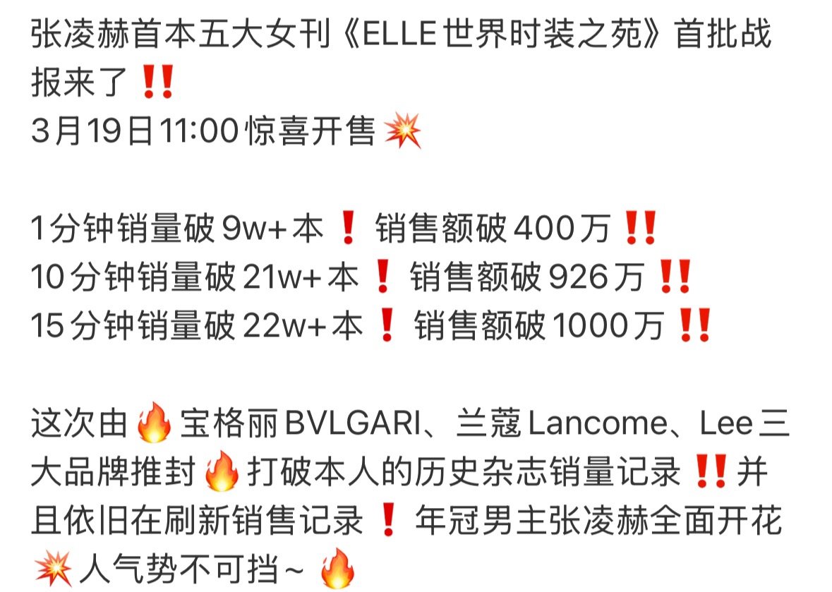 张凌赫杂志战报，三大品牌推封首登五大，销售额15分钟破千万❗承认吧，张凌赫真的爆