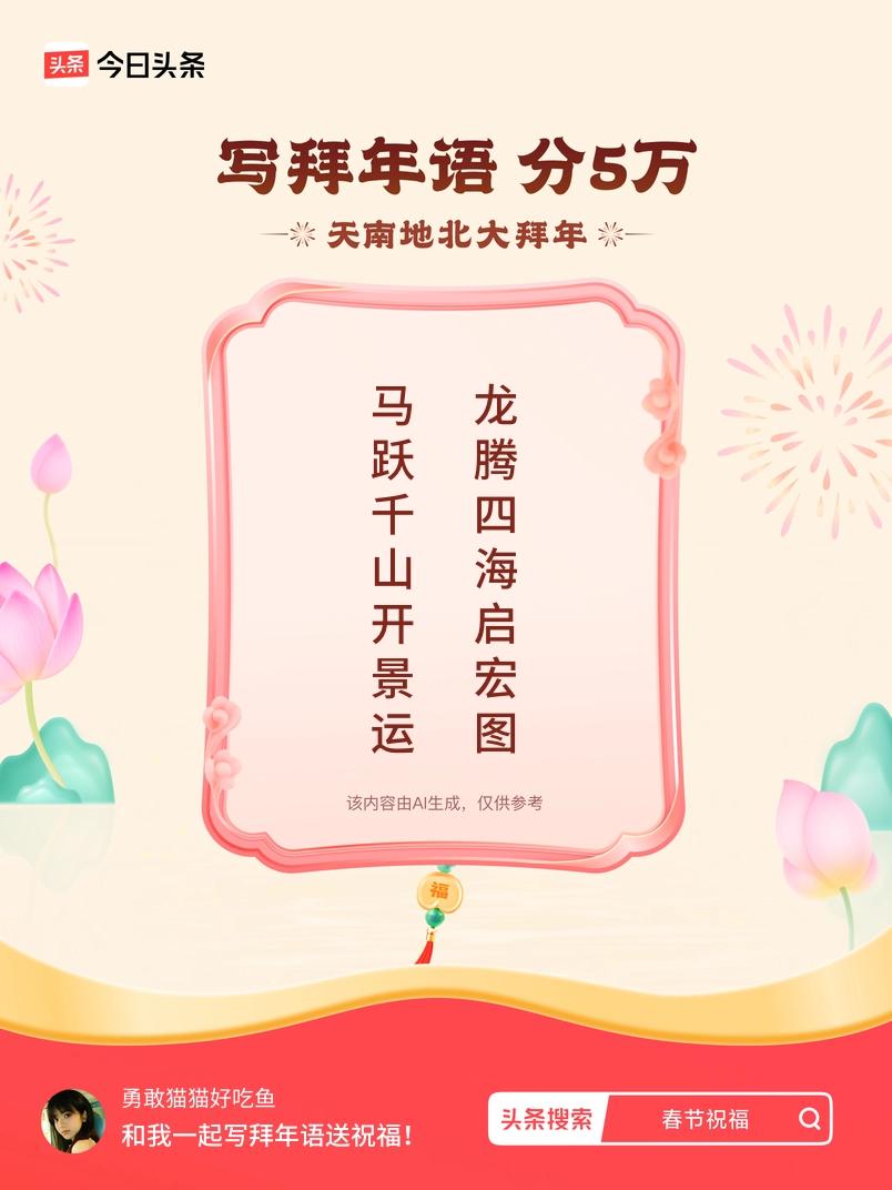 写拜年语送祝福新春拜年送祝福！我的祝福是：“马跃千山开景运，龙腾四海启宏图”！快
