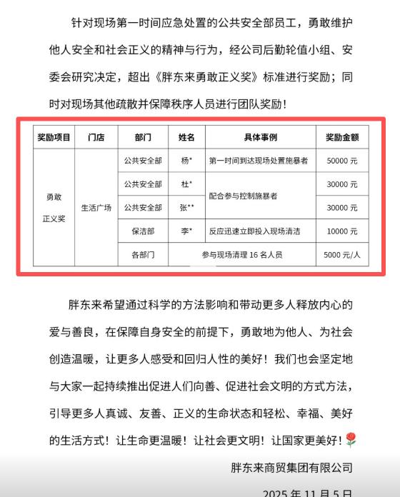 胖东来真的是大气呀，对于11月2日发生在胖东来生活广场的突发意外伤人事件的参与者