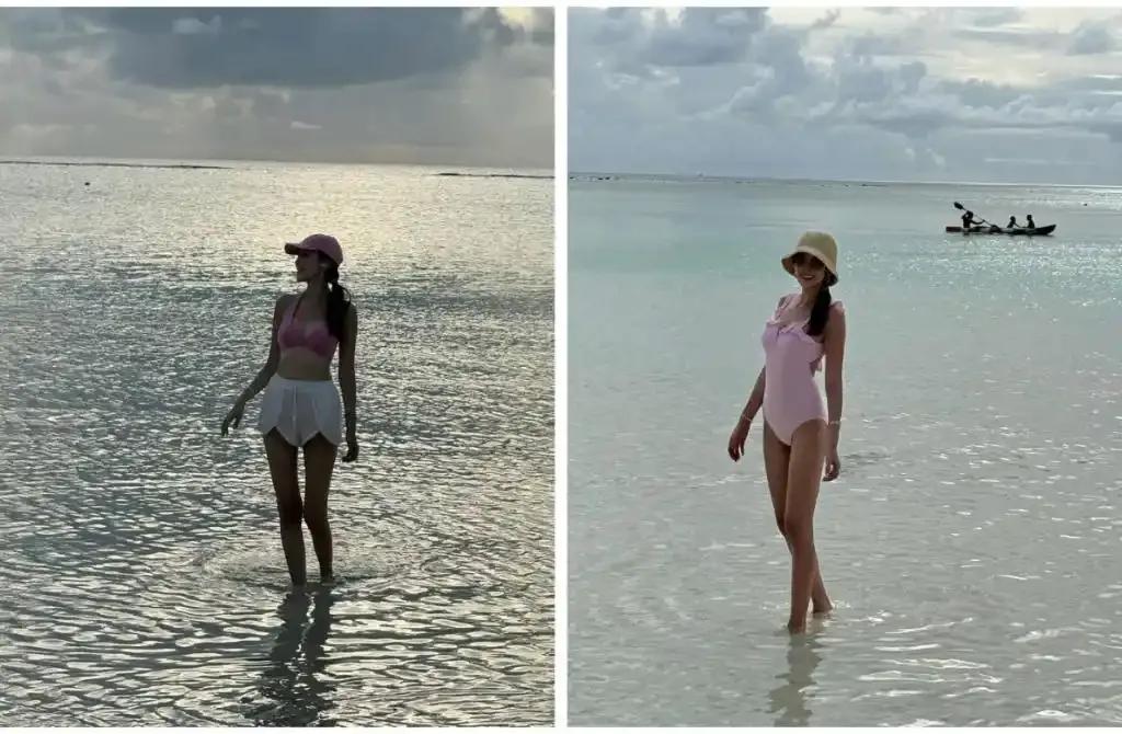 林志颖的老婆陈若仪最近在社交平台晒出的海岛度假照简直太惊艳啦！身着粉色泳装的她，