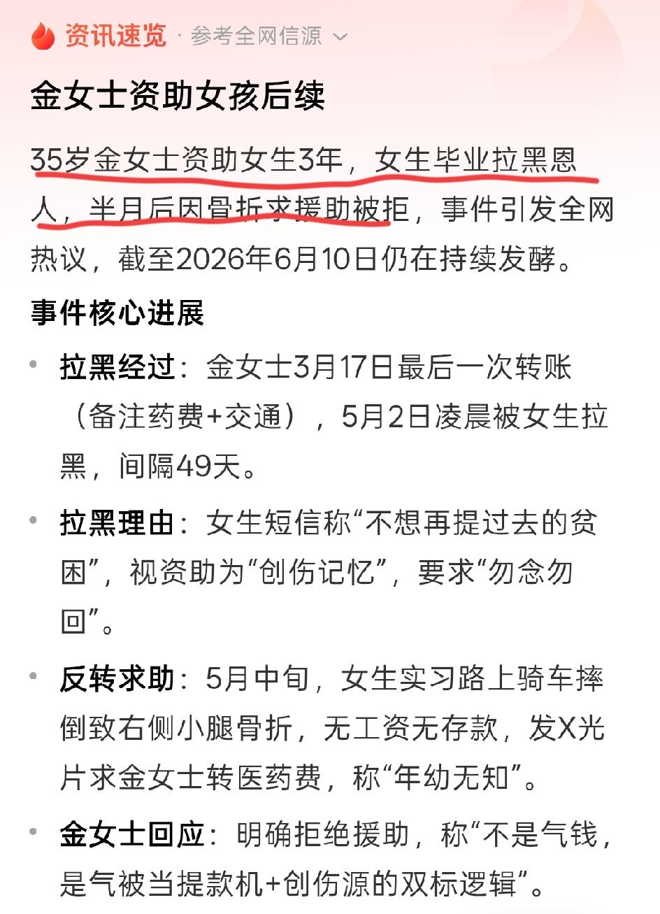 女子资助一学生3年，毕业后即被拉黑，对方上班半月遇骨折竟又来求援。这哪是贫困大学