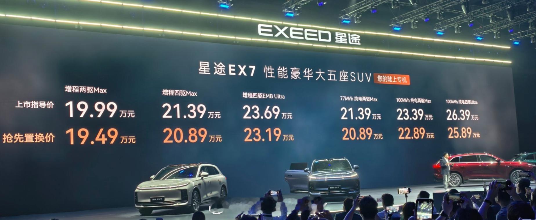 星途EX7 正式上市19.49-25.89万元增程和纯电各3款EMB增程Ultr