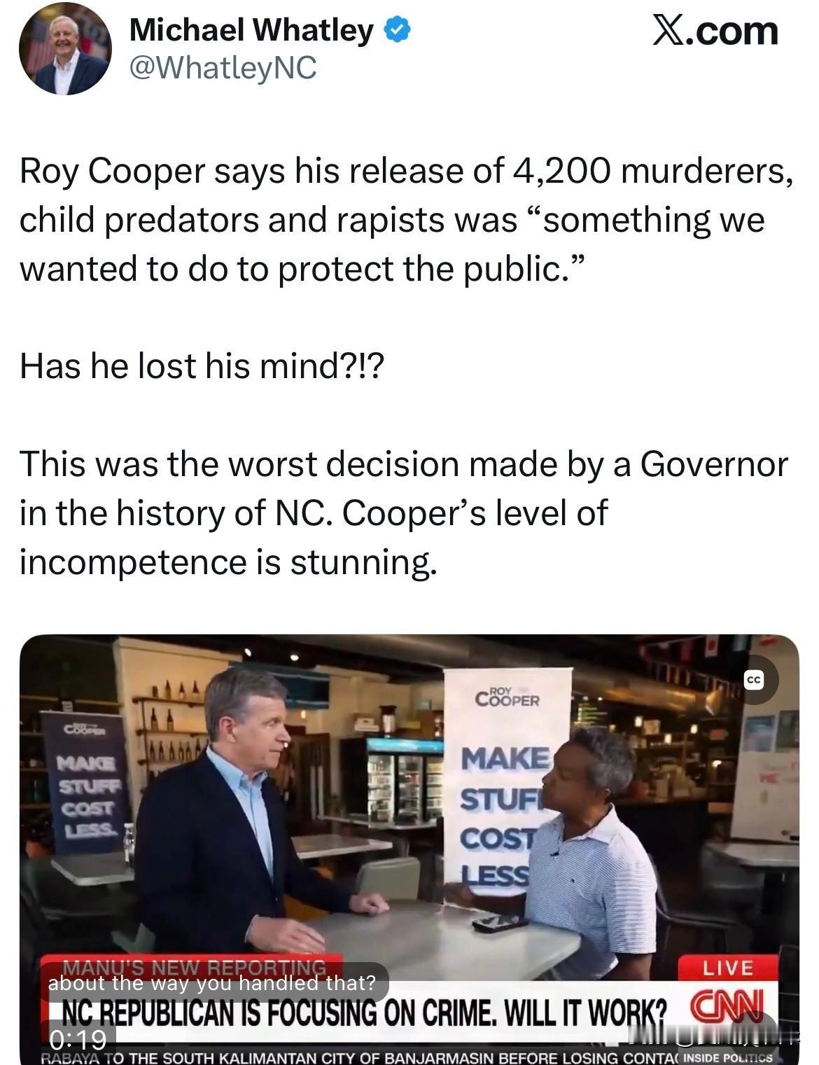 Roy Cooper称，释放4200名杀人犯、儿童性侵犯和强奸犯，是“为保护公众