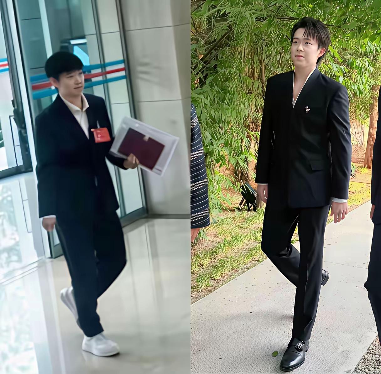 我天呐，王楚钦这张照片也太帅了吧，个子这么高的吗？腿好长呀。
莎莎这张穿着正装照