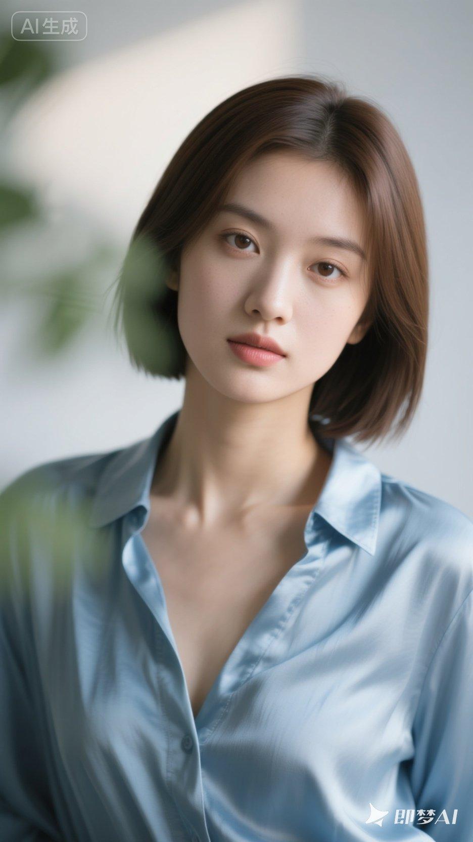 温柔甜美的蓝衬衫少女，清新自然，气质出众。