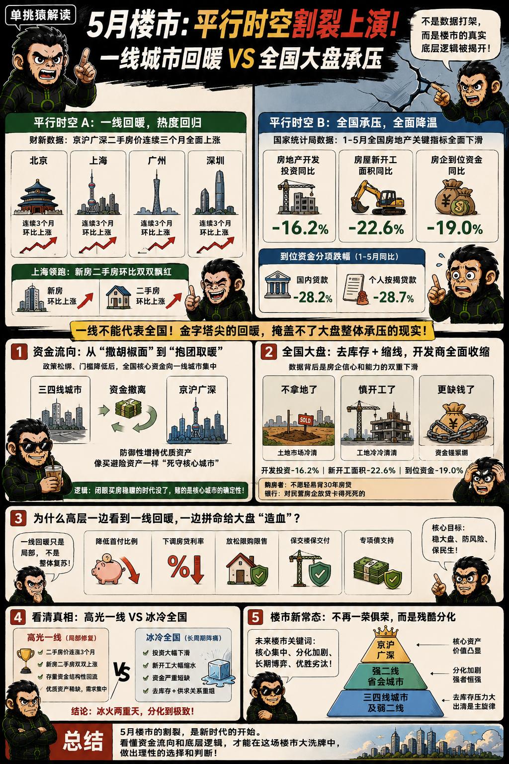 5月份的楼市，正在上演一场极其割裂的平行时空。根据财新的消息显示，京沪广深四个一