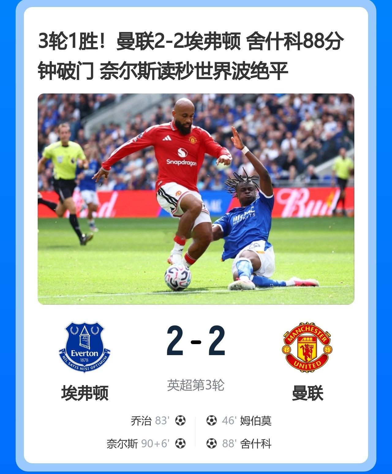英超战报:姆伯莫建功，谢什科破门，曼联2-2遭埃弗顿绝平埃弗顿vs曼联09月06