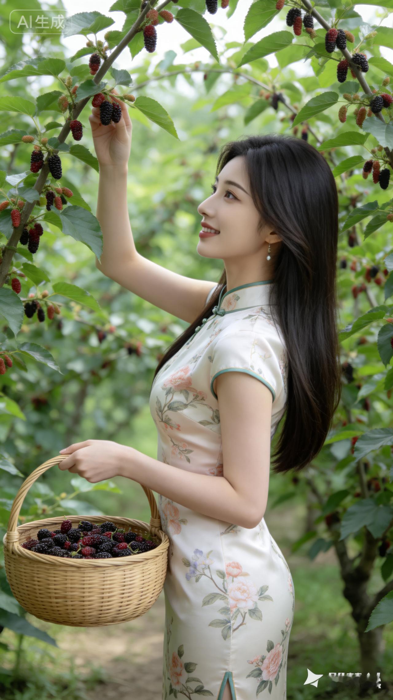 采摘黑莓的少女，田园生活的美好瞬间