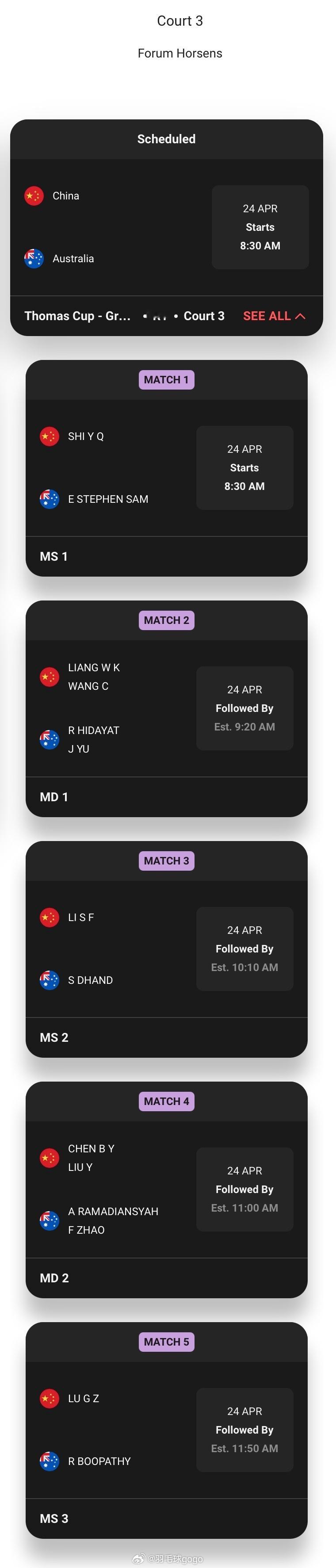 2026年汤尤杯 4月24日汤姆斯杯小组赛第一轮国羽出赛名单石宇奇梁伟铿/王昶李