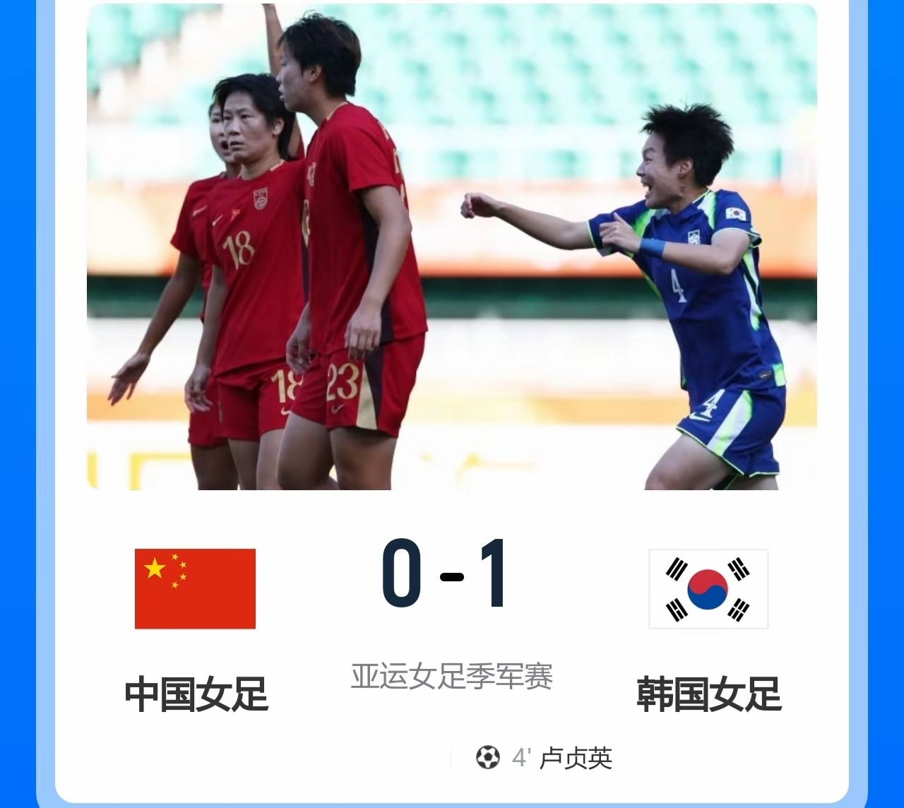 0‑1惜败韩国，中国女足拿到亚运会第四名，这是近三届亚运会首次无缘奖牌。往前两届