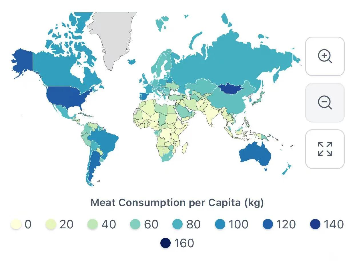 2022年，非洲布隆迪人均消费3.68公斤肉类。
2022年，原地踏步的阿富汗人