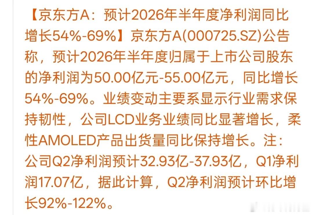 京东方放出亮眼的半年业绩预告，预计上半年净利润同比大涨54%至69%，利润区间落