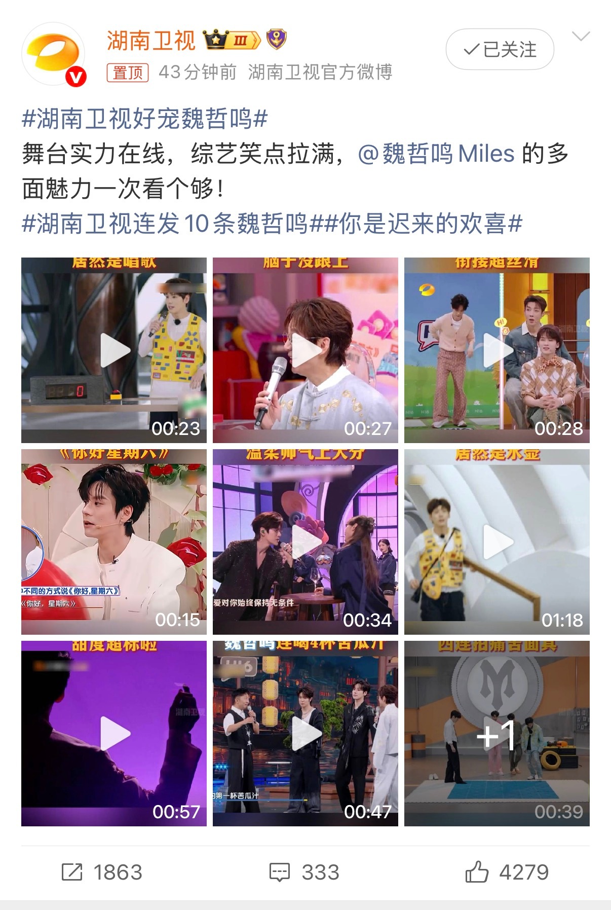 今日份快乐：刷到十条魏哲鸣，幸福感直接拉满湖南卫视好宠魏哲鸣湖南卫视连发10条魏