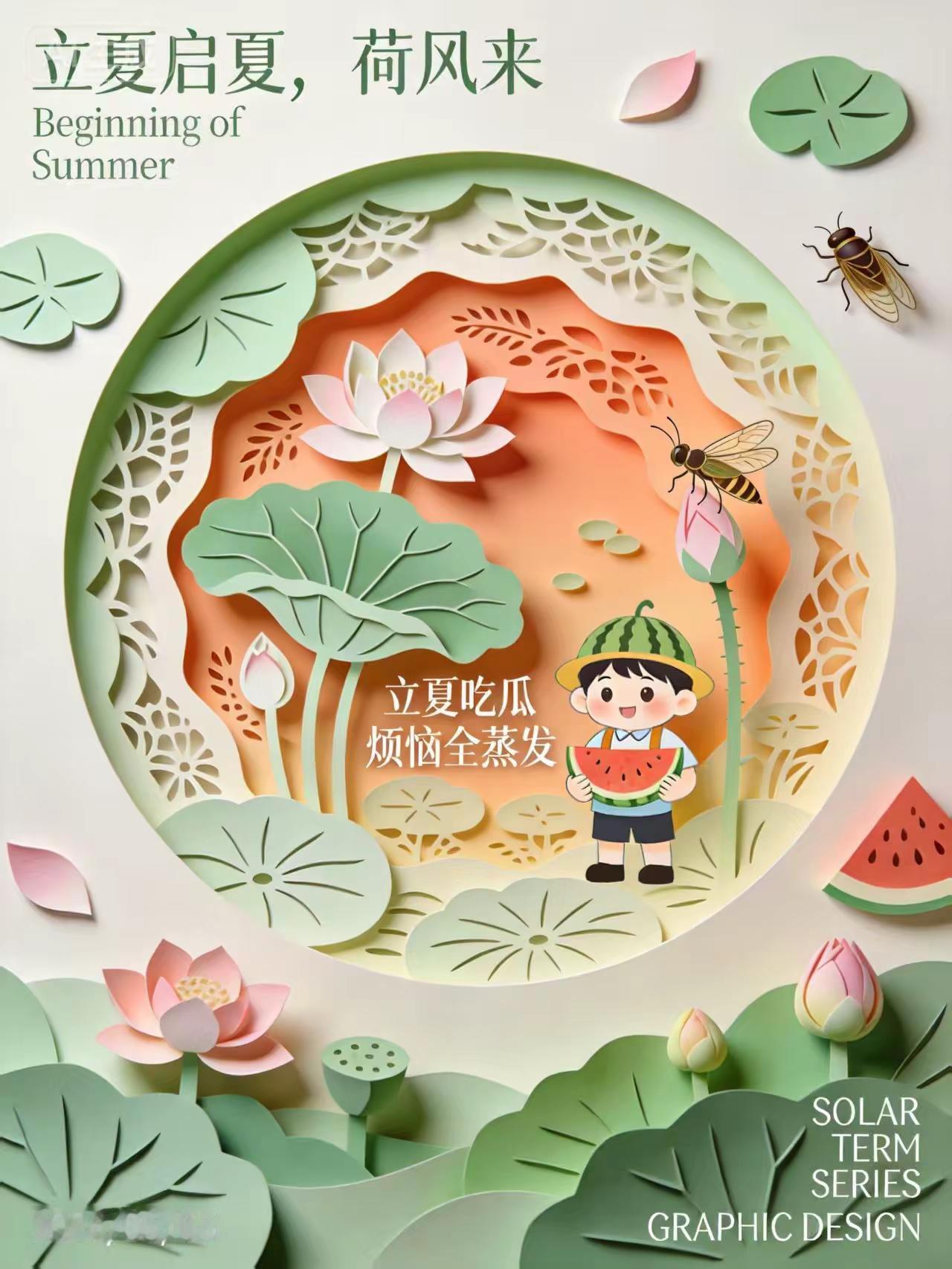 立夏吃瓜！纸雕里的夏天太治愈。谁懂啊！这张纸雕立夏图也太绝了！层层光影里，粉荷初