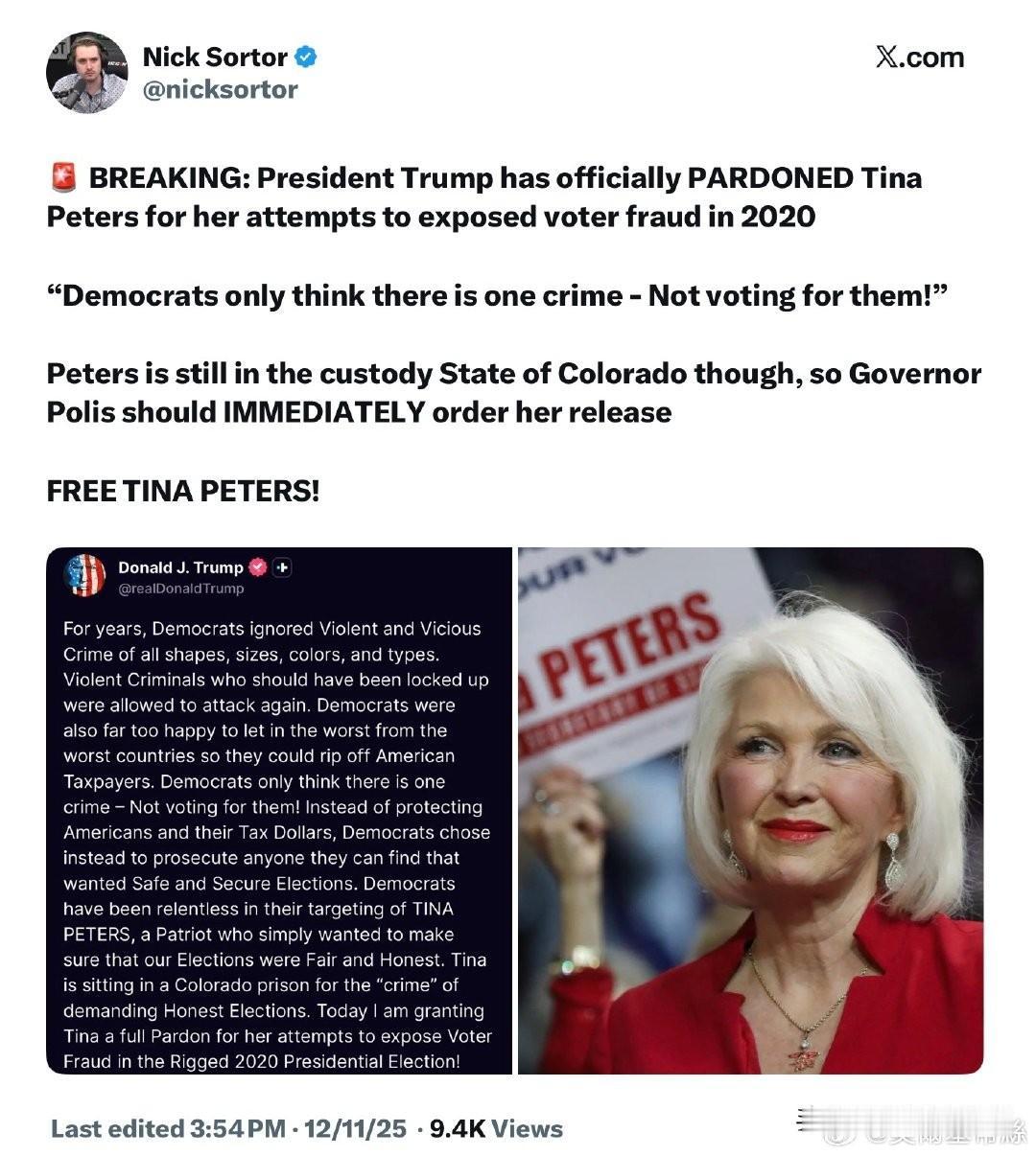 突发：川普总统已正式赦免Tina Peters，因其试图揭露2020年选举舞弊。