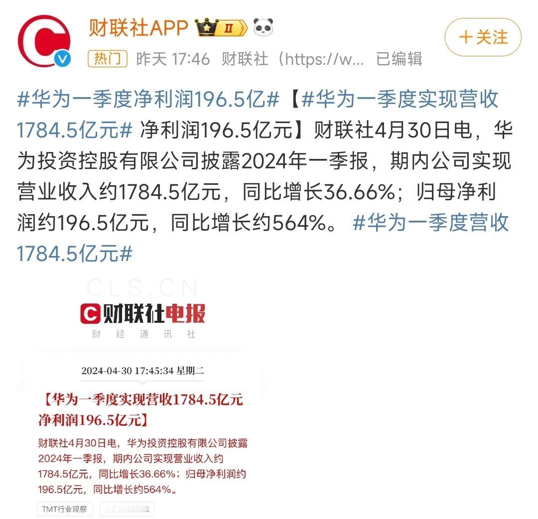 2024年Q1，华为实现营收1784.5亿元，利润约196.5亿元，同比增长约5