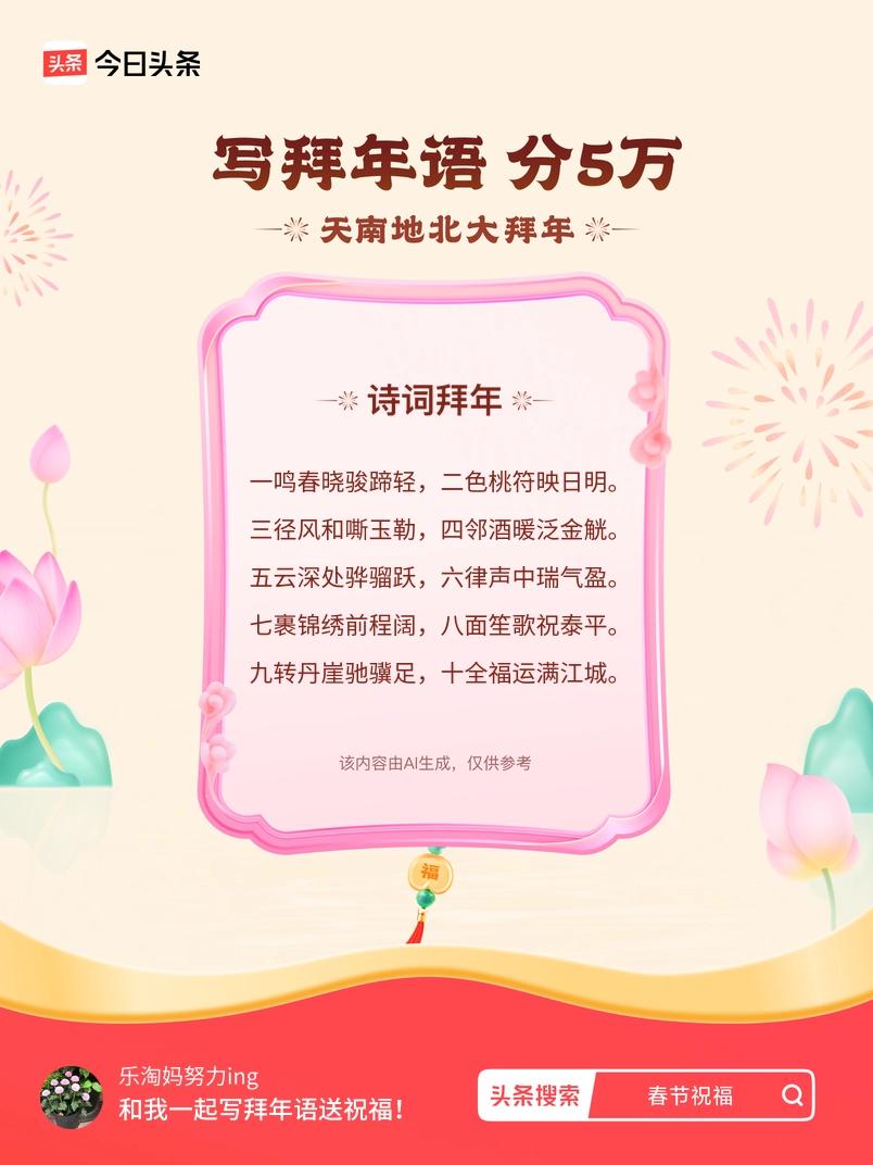 写拜年语送祝福新春拜年送祝福！我的祝福是：“一鸣春晓骏蹄轻，二色桃符映日明。三径