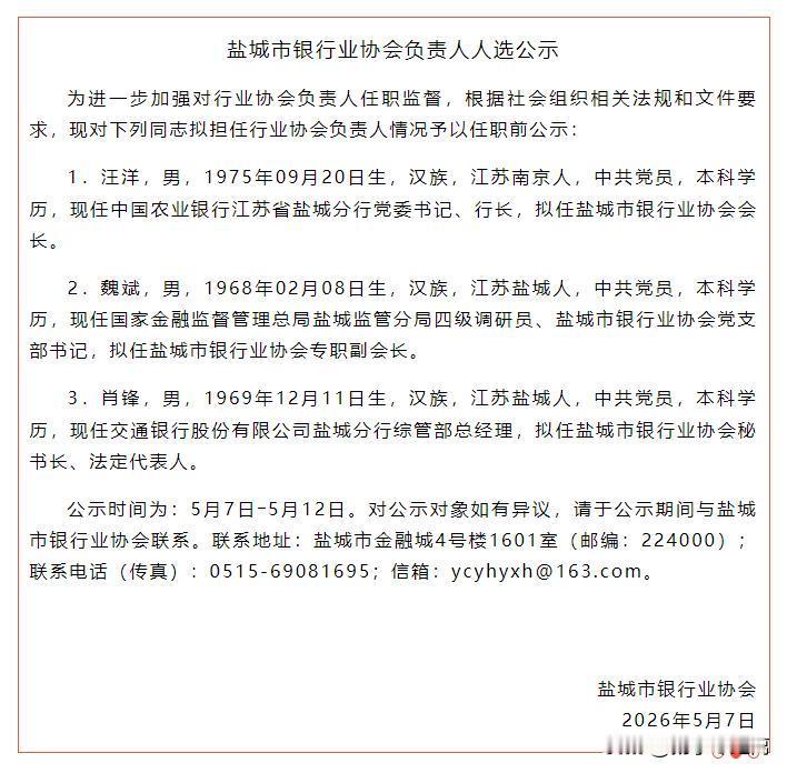 盐盐城市银行业协会负责人人选公示，拟提名汪洋任协会会长、魏斌任专职副会长、肖锋任