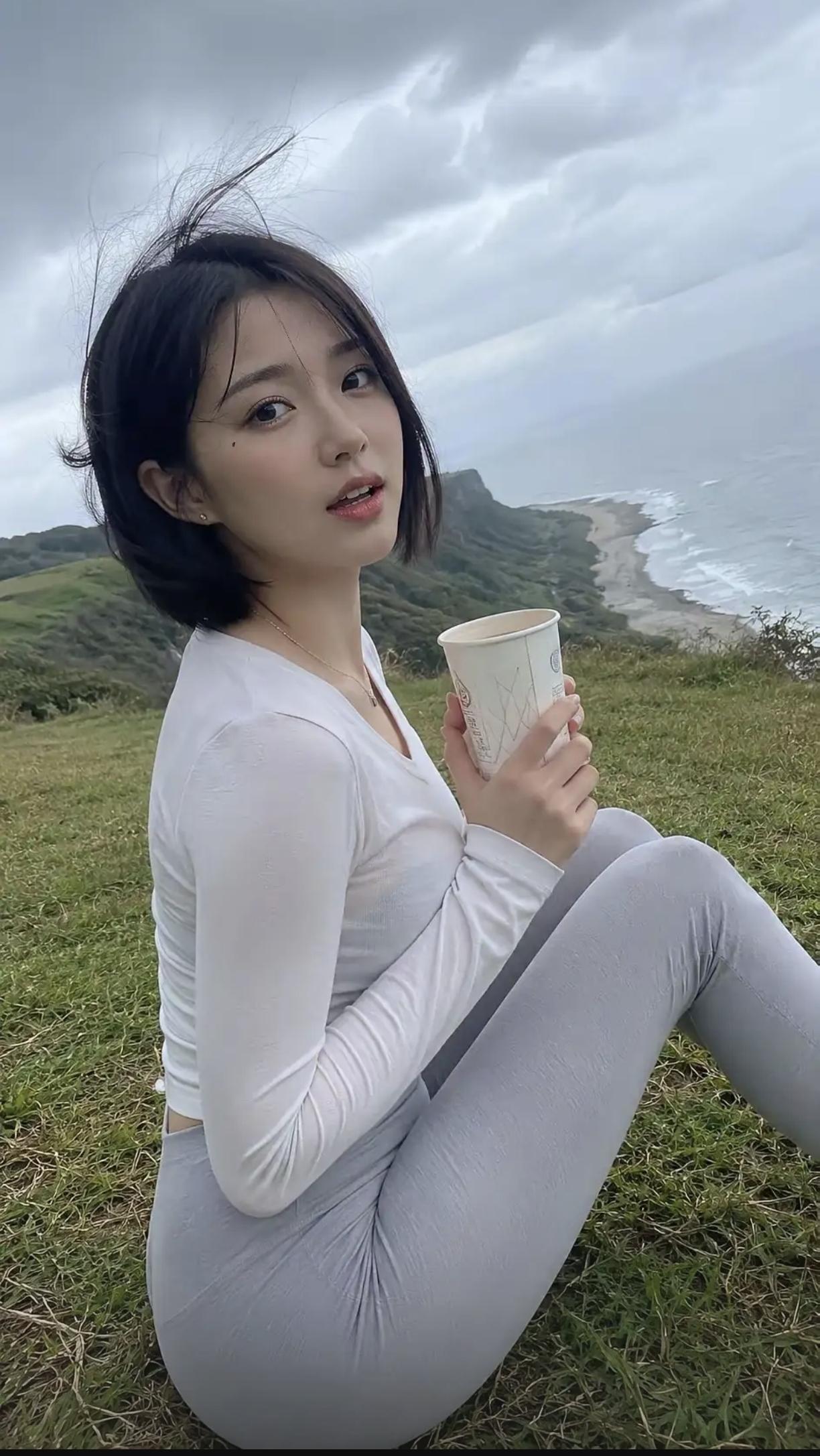独坐临海青草地，海风漫过肩头。她偏爱安静独处，内心藏着柔软辽阔，看山海翻涌，于平