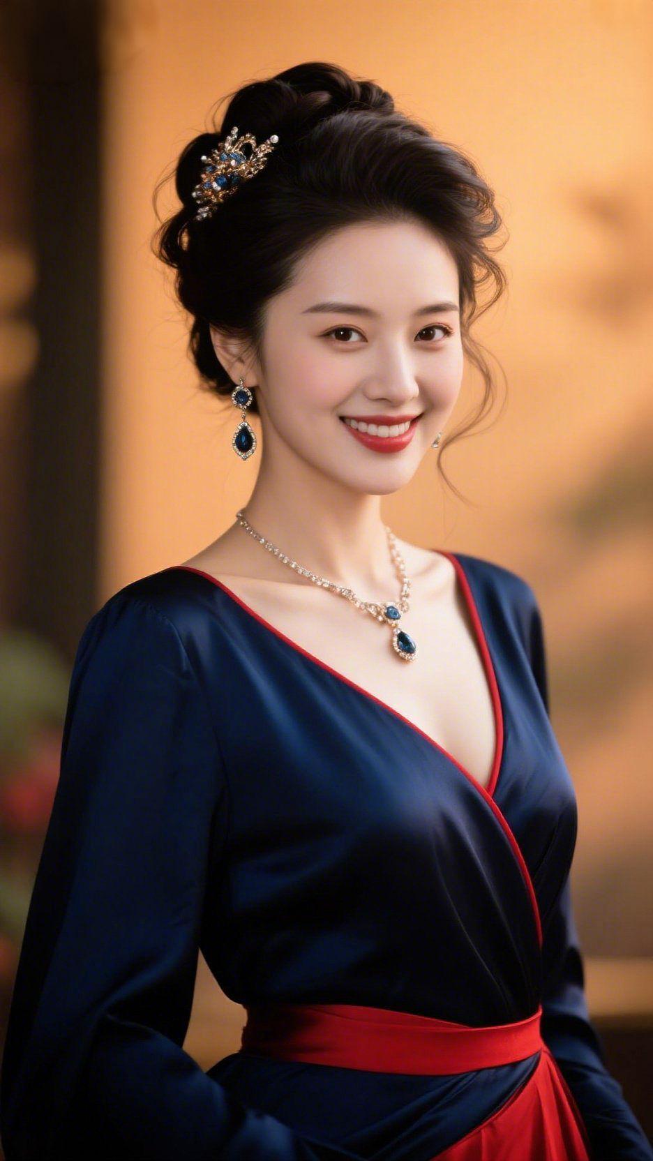 《藏蓝裙里的雅柔》
 
暖黄光晕轻笼着她，将黄昏的柔意浸在了这袭藏蓝裙中。缎面泛