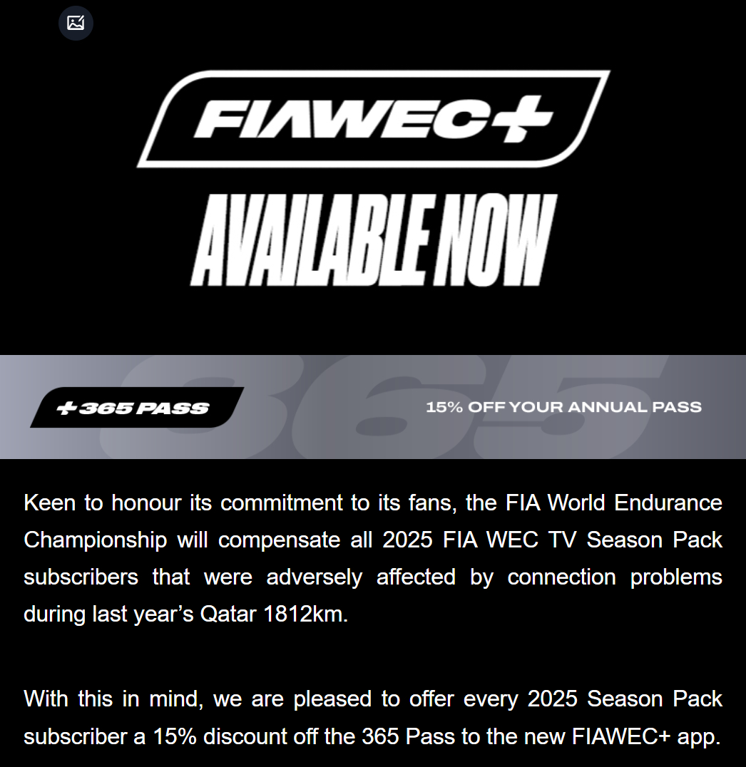 终于收到WEC官方关于去年全季订阅用户的补偿方案邮件了，新赛季的订阅打了个八五折