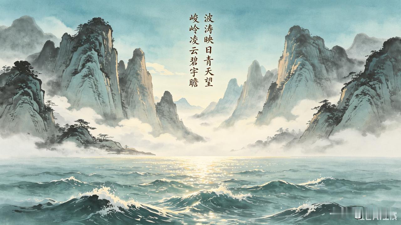 上联：峻岭凌云碧宇瞻
下联：波涛映日青天望